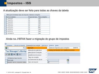  SAP AG 2007, Localização 6.0 / Educação Brasil / ‹#›
Impostos - ISS
A atualização deve ser feita para todas as chaves da tabela
Ainda na J1BTAX fazer a migração do grupo de impostos
 