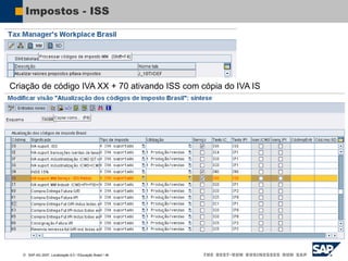 SAP AG 2007, Localização 6.0 / Educação Brasil / ‹#›
Impostos - ISS
Criação de código IVA XX + 70 ativando ISS com cópia do IVA IS
 