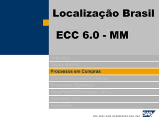 Impostos
Dados Mestre
Processos em Compras
Transferência entre centros
Processos Especiais
Nota Fiscal Eletrônica – NF-e
Apêndice CBT
Exercícios
Localização Brasil
ECC 6.0 - MM
 