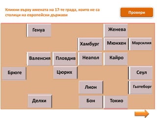 Москва Генуа Киев Рим Женева Брюксел
Париж МарсилияПрага ХамбургБерн Мюнхен
Неапол Кайро СофияМадрид Валенсия Пловдив
СеулБрюге
ОслоСтокхолм
ЦюрихЛондон Варшава
Будапеща
Букурещ
Токио
Кишинев Лион Гьотеборг
Делхи Белград КопенхагенБон
Рига
Кликни върху имената на 17-те града, които не са
столици на европейски държави
Провери
 
