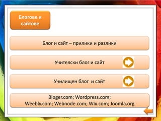 Блогове и
сайтове
Блог и сайт – прилики и разлики
Изработване на блог и сайт
Училищен блог и сайт
Учителски блог и сайт
Bloger.com; Wordpress.com;
Weebly.com; Webnode.com; Wix.com; Joomla.org
 