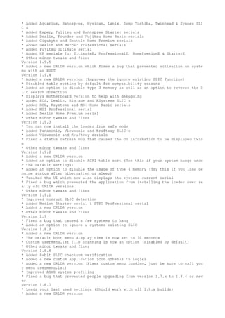 * Added Aquarius, Hannspree, Hyrican, Lanix, Semp Toshiba, Twinhead & Synnex SLI 
C's 
* Added Exper, Fujitsu and Hannspree Starter serials 
* Added Dealin, Founder and Fujitsu Home Basic serials 
* Added Gigabyte and Shuttle Home Premium serials 
* Added Dealin and Mercer Professional serials 
* Added Fujitsu Ultimate serial 
* Added HP serials for UltimateE, ProfessionalE, HomePremiumE & StarterE 
* Other minor tweaks and fixes 
Version 1.9.5 
* Added a new GRLDR version which fixes a bug that prevented activation on syste 
ms with an XSDT 
Version 1.9.4 
* Added a new GRLDR version (Improves the ignore existing SLIC function) 
* Disabled table sorting by default for compatibility reasons 
* Added an option to disable type 3 memory as well as an option to reverse the S 
LIC search direction 
* Displays motherboard version to help with debugging 
* Added ECS, Dealin, Higrade and KSystems SLIC's 
* Added HCL, Ksystems and MSI Home Basic serials 
* Added MSI Professional serial 
* Added Dealin Home Premium serial 
* Other minor tweaks and fixes 
Version 1.9.3 
* You can now install the loader from safe mode 
* Added Panasonic, Viewsonic and Kraftway SLIC's 
* Added Viewsonic and Kraftway serials 
* Fixed a status refresh bug that caused the OS information to be displayed twic 
e 
* Other minor tweaks and fixes 
Version 1.9.2 
* Added a new GRLDR version 
* Added an option to disable ACPI table sort (Use this if your system hangs unde 
r the default settings) 
* Added an option to disable the usage of type 4 memory (Try this if you lose ge 
nuine status after hibernation or sleep) 
* Tweaked the UI which now also displays the systems current serial 
* Fixed a bug which prevented the application from installing the loader over re 
ally old GRLDR versions 
* Other minor tweaks and fixes 
Version 1.9.1 
* Improved corrupt SLIC detection 
* Added Medion Starter serial & STEG Professional serial 
* Added a new GRLDR version 
* Other minor tweaks and fixes 
Version 1.9 
* Fixed a bug that caused a few systems to hang 
* Added an option to ignore a systems existing SLIC 
Version 1.8.9 
* Added a new GRLDR version 
* The default boot menu display time is now set to 30 seconds 
* Custom usermenu.lst file scanning is now an option (disabled by default) 
* Other minor tweaks and fixes 
Version 1.8.8 
* Added 8-bit SLIC checksum verification 
* Added a new custom application icon (Thanks to Logie) 
* Added a new GRLDR version (Fixes custom menu loading, just be sure to call you 
r menu usermenu.lst) 
* Improved ASUS system profiling 
* Fixed a bug that prevented people upgrading from version 1.7.x to 1.8.4 or new 
er 
Version 1.8.7 
* Loads your last used settings (Should work with all 1.8.x builds) 
* Added a new GRLDR version 
 