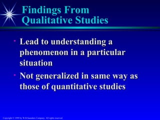 Findings From
                   Qualitative Studies
           •     Lead to understanding a
                 phenomenon in a particular
                 situation
           •     Not generalized in same way as
                 those of quantitative studies


Copyright © 1999 by W.B.Saunders Company. All rights reserved.
 