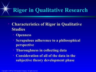 Rigor in Qualitative Research

           •     Characteristics of Rigor in Qualitative
                 Studies
                   •    Openness
                   •    Scrupulous adherence to a philosophical
                        perspective
                   •    Thoroughness in collecting data
                   •    Consideration of all of the data in the
                        subjective theory development phase

Copyright © 1999 by W.B.Saunders Company. All rights reserved.
 