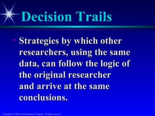 Decision Trails
           •     Strategies by which other
                 researchers, using the same
                 data, can follow the logic of
                 the original researcher
                 and arrive at the same
                 conclusions.
Copyright © 1999 by W.B.Saunders Company. All rights reserved.
 