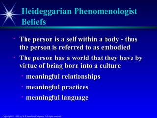 Heideggarian Phenomenologist
                   Beliefs
           •     The person is a self within a body - thus
                 the person is referred to as embodied
           •     The person has a world that they have by
                 virtue of being born into a culture
                  • meaningful relationships

                   •    meaningful practices
                   •    meaningful language

Copyright © 1999 by W.B.Saunders Company. All rights reserved.
 