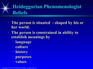Heideggarian Phenomenologist
                   Beliefs
           •     The person is situated - shaped by his or
                 her world.
           •     The person is constrained in ability to
                 establish meanings by
                  • language
                  • culture
                  • history
                  • purposes
                  • values
Copyright © 1999 by W.B.Saunders Company. All rights reserved.
 