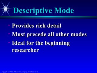 Descriptive Mode
           •     Provides rich detail
           •     Must precede all other modes
           •     Ideal for the beginning
                 researcher


Copyright © 1999 by W.B.Saunders Company. All rights reserved.
 