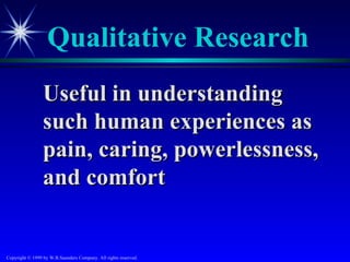 Qualitative Research
                 Useful in understanding
                 such human experiences as
                 pain, caring, powerlessness,
                 and comfort


Copyright © 1999 by W.B.Saunders Company. All rights reserved.
 