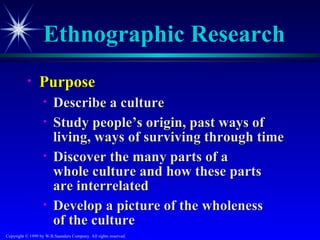 Ethnographic Research
           •     Purpose
                   •    Describe a culture
                   •    Study people’s origin, past ways of
                        living, ways of surviving through time
                   •    Discover the many parts of a
                        whole culture and how these parts
                        are interrelated
                   •    Develop a picture of the wholeness
                        of the culture
Copyright © 1999 by W.B.Saunders Company. All rights reserved.
 