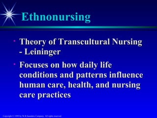 Ethnonursing
           •     Theory of Transcultural Nursing
                 - Leininger
           •     Focuses on how daily life
                 conditions and patterns influence
                 human care, health, and nursing
                 care practices

Copyright © 1999 by W.B.Saunders Company. All rights reserved.
 