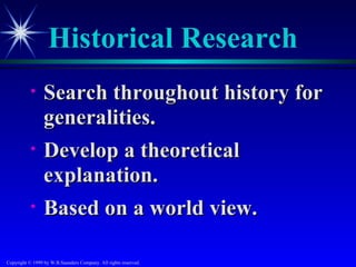 Historical Research
           •     Search throughout history for
                 generalities.
           •     Develop a theoretical
                 explanation.
           •     Based on a world view.

Copyright © 1999 by W.B.Saunders Company. All rights reserved.
 