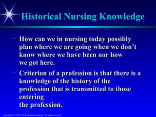 Historical Nursing Knowledge

           •     How can we in nursing today possibly
                 plan where we are going when we don’t
                 know where we have been nor how
                 we got here.
           •     Criterion of a profession is that there is a
                 knowledge of the history of the
                 profession that is transmitted to those
                 entering
                 the profession.
Copyright © 1999 by W.B.Saunders Company. All rights reserved.
 