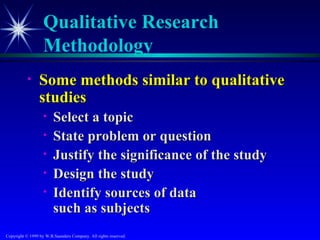 Qualitative Research
                   Methodology
           •     Some methods similar to qualitative
                 studies
                   •    Select a topic
                   •    State problem or question
                   •    Justify the significance of the study
                   •    Design the study
                   •    Identify sources of data
                        such as subjects
Copyright © 1999 by W.B.Saunders Company. All rights reserved.
 