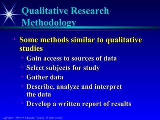 Qualitative Research
                   Methodology
           •     Some methods similar to qualitative
                 studies
                   •    Gain access to sources of data
                   •    Select subjects for study
                   •    Gather data
                   •    Describe, analyze and interpret
                        the data
                   •    Develop a written report of results
Copyright © 1999 by W.B.Saunders Company. All rights reserved.
 
