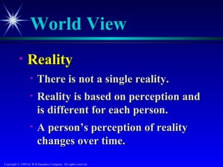 World View
           •     Reality
                   •    There is not a single reality.
                   •    Reality is based on perception and
                        is different for each person.
                   •    A person’s perception of reality
                        changes over time.
Copyright © 1999 by W.B.Saunders Company. All rights reserved.
 