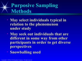Purposive Sampling
                   Methods
           •     May select individuals typical in
                 relation to the phenomenon
                 under study
           •     May seek out individuals that are
                 different in some way from other
                 participants in order to get diverse
                 perspectives
           •     Snowballing used
Copyright © 1999 by W.B.Saunders Company. All rights reserved.
 