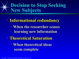 Decision to Stop Seeking
                   New Subjects
           •     Informational redundancy
                   •    When the researcher ceases
                        learning new information
           •     Theoretical Saturation
                   •    When theoretical ideas
                        seem complete
Copyright © 1999 by W.B.Saunders Company. All rights reserved.
 