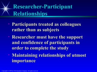 Researcher-Participant
                   Relationships
           •     Participants treated as colleagues
                 rather than as subjects
           •     Researcher must have the support
                 and confidence of participants in
                 order to complete the study
           •     Maintaining relationships of utmost
                 importance
Copyright © 1999 by W.B.Saunders Company. All rights reserved.
 