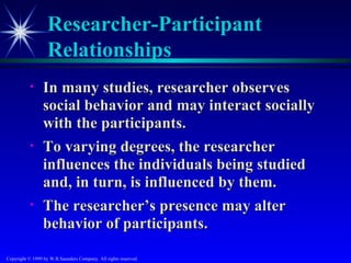 Researcher-Participant
                   Relationships
           •     In many studies, researcher observes
                 social behavior and may interact socially
                 with the participants.
           •     To varying degrees, the researcher
                 influences the individuals being studied
                 and, in turn, is influenced by them.
           •     The researcher’s presence may alter
                 behavior of participants.

Copyright © 1999 by W.B.Saunders Company. All rights reserved.
 
