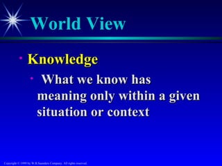 World View
           •     Knowledge
                   •     What we know has
                        meaning only within a given
                        situation or context


Copyright © 1999 by W.B.Saunders Company. All rights reserved.
 