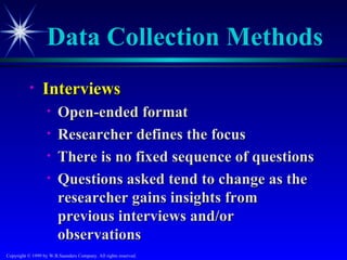 Data Collection Methods
           •     Interviews
                   •    Open-ended format
                   •    Researcher defines the focus
                   •    There is no fixed sequence of questions
                   •    Questions asked tend to change as the
                        researcher gains insights from
                        previous interviews and/or
                        observations
Copyright © 1999 by W.B.Saunders Company. All rights reserved.
 