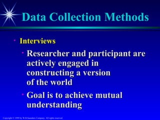 Data Collection Methods
           •     Interviews
                   •    Researcher and participant are
                        actively engaged in
                        constructing a version
                        of the world
                   •    Goal is to achieve mutual
                        understanding
Copyright © 1999 by W.B.Saunders Company. All rights reserved.
 