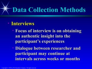 Data Collection Methods
           •     Interviews
                   •    Focus of interview is on obtaining
                        an authentic insight into the
                        participant’s experiences
                   •    Dialogue between researcher and
                        participant may continue at
                        intervals across weeks or months
Copyright © 1999 by W.B.Saunders Company. All rights reserved.
 