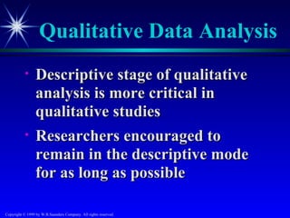 Qualitative Data Analysis
           •     Descriptive stage of qualitative
                 analysis is more critical in
                 qualitative studies
           •     Researchers encouraged to
                 remain in the descriptive mode
                 for as long as possible

Copyright © 1999 by W.B.Saunders Company. All rights reserved.
 