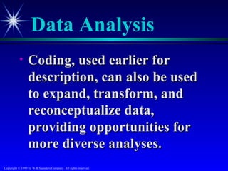 Data Analysis
           •     Coding, used earlier for
                 description, can also be used
                 to expand, transform, and
                 reconceptualize data,
                 providing opportunities for
                 more diverse analyses.
Copyright © 1999 by W.B.Saunders Company. All rights reserved.
 