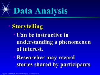 Data Analysis
           •     Storytelling
                 • Can be instructive in
                   understanding a phenomenon
                   of interest.
                 • Researcher may record
                   stories shared by participants
Copyright © 1999 by W.B.Saunders Company. All rights reserved.
 