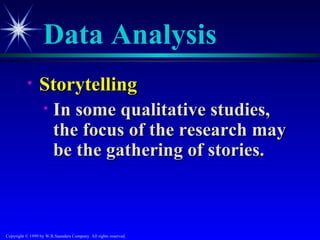 Data Analysis
           •     Storytelling
                 • In some qualitative studies,
                   the focus of the research may
                   be the gathering of stories.



Copyright © 1999 by W.B.Saunders Company. All rights reserved.
 
