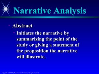 Narrative Analysis
           •     Abstract
                   •    Initiates the narrative by
                        summarizing the point of the
                        study or giving a statement of
                        the proposition the narrative
                        will illustrate.


Copyright © 1999 by W.B.Saunders Company. All rights reserved.
 