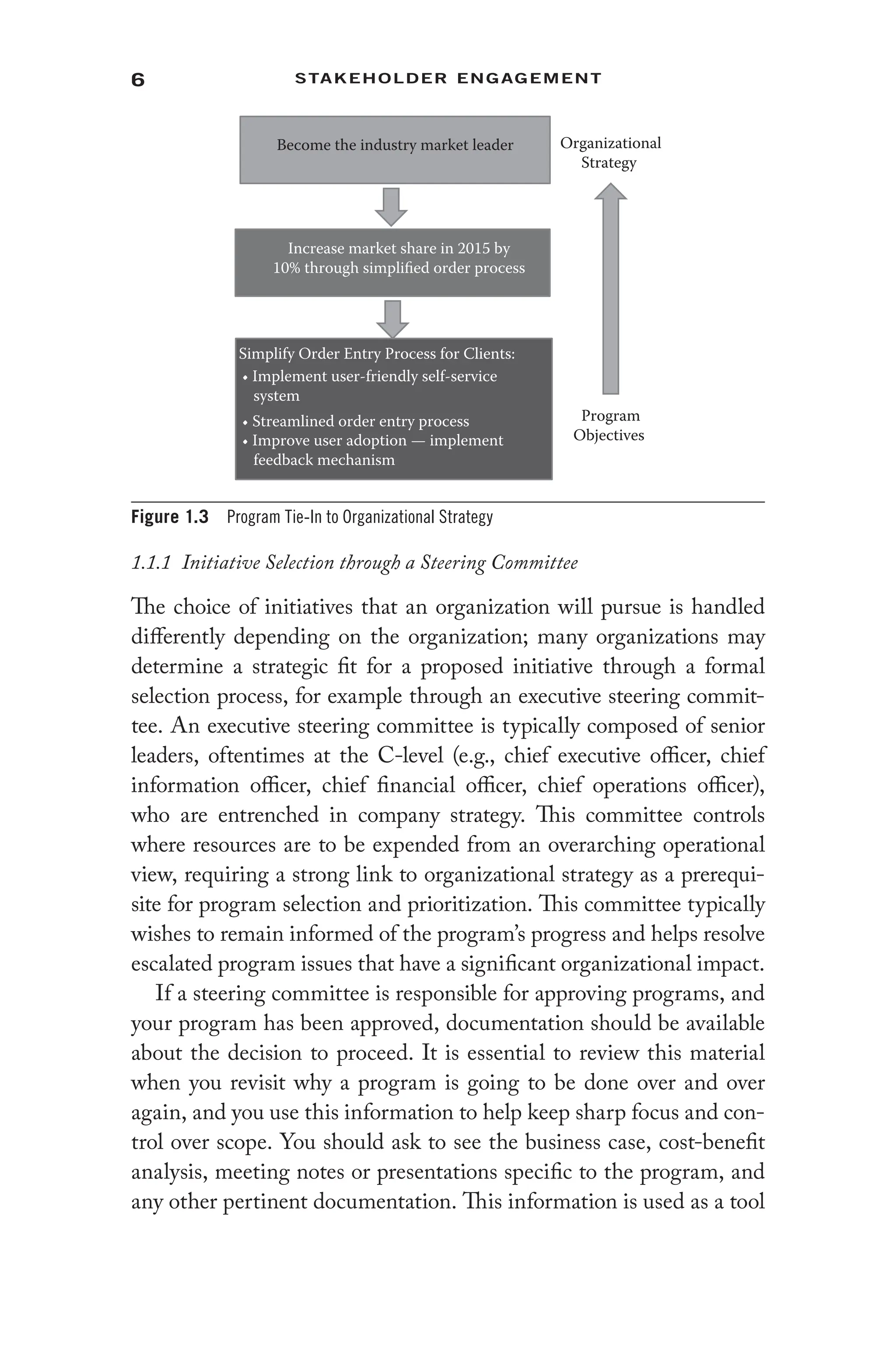 6 Stakeholder Engagement﻿
1.1.1 Initiative Selection through a Steering Committee
The choice of initiatives that an organization will pursue is handled
differently depending on the organization; many organizations may
determine a strategic fit for a proposed initiative through a formal
selection process, for example through an executive steering commit-
tee. An executive steering committee is typically composed of senior
leaders, oftentimes at the C-level (e.g., chief executive officer, chief
information officer, chief financial officer, chief operations officer),
who are entrenched in company strategy. This committee controls
where resources are to be expended from an overarching operational
view, requiring a strong link to organizational strategy as a prerequi-
site for program selection and prioritization. This committee typically
wishes to remain informed of the program’s progress and helps resolve
escalated program issues that have a significant organizational impact.
If a steering committee is responsible for approving programs, and
your program has been approved, documentation should be available
about the decision to proceed. It is essential to review this material
when you revisit why a program is going to be done over and over
again, and you use this information to help keep sharp focus and con-
trol over scope. You should ask to see the business case, cost-benefit
analysis, meeting notes or presentations specific to the program, and
any other pertinent documentation. This information is used as a tool
Become the industry market leader
Increase market share in 2015 by
10% through simplified order process
Simplify Order Entry Process for Clients:
• Implement user-friendly self-service
system
• Streamlined order entry process
• Improve user adoption — implement
feedback mechanism
Organizational
Strategy
Program
Objectives
Figure 1.3 Program Tie-In to Organizational Strategy
 