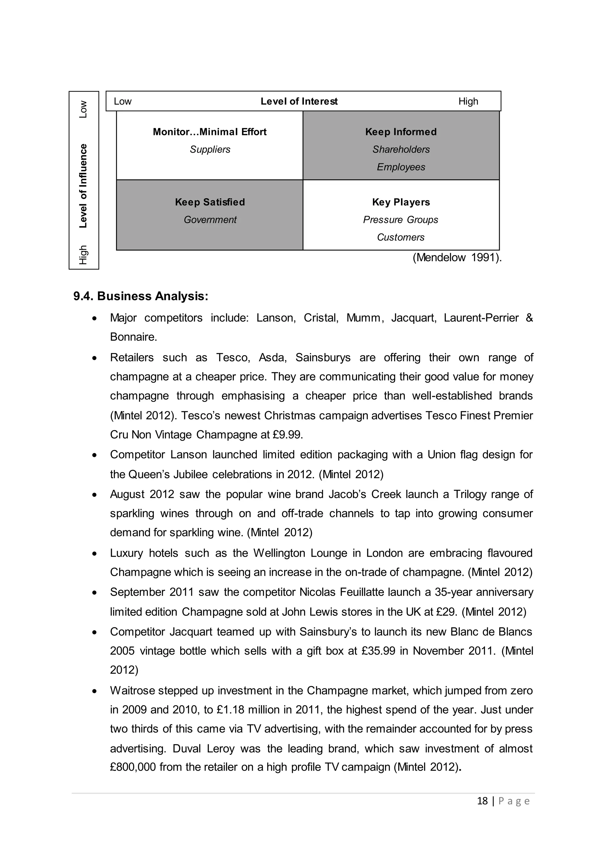 18 | P a g e
Monitor…Minimal Effort
Suppliers
Keep Informed
Shareholders
Employees
Keep Satisfied
Government
Key Players
Pressure Groups
Customers
(Mendelow 1991).
9.4. Business Analysis:
 Major competitors include: Lanson, Cristal, Mumm, Jacquart, Laurent-Perrier &
Bonnaire.
 Retailers such as Tesco, Asda, Sainsburys are offering their own range of
champagne at a cheaper price. They are communicating their good value for money
champagne through emphasising a cheaper price than well-established brands
(Mintel 2012). Tesco’s newest Christmas campaign advertises Tesco Finest Premier
Cru Non Vintage Champagne at £9.99.
 Competitor Lanson launched limited edition packaging with a Union flag design for
the Queen’s Jubilee celebrations in 2012. (Mintel 2012)
 August 2012 saw the popular wine brand Jacob’s Creek launch a Trilogy range of
sparkling wines through on and off-trade channels to tap into growing consumer
demand for sparkling wine. (Mintel 2012)
 Luxury hotels such as the Wellington Lounge in London are embracing flavoured
Champagne which is seeing an increase in the on-trade of champagne. (Mintel 2012)
 September 2011 saw the competitor Nicolas Feuillatte launch a 35-year anniversary
limited edition Champagne sold at John Lewis stores in the UK at £29. (Mintel 2012)
 Competitor Jacquart teamed up with Sainsbury’s to launch its new Blanc de Blancs
2005 vintage bottle which sells with a gift box at £35.99 in November 2011. (Mintel
2012)
 Waitrose stepped up investment in the Champagne market, which jumped from zero
in 2009 and 2010, to £1.18 million in 2011, the highest spend of the year. Just under
two thirds of this came via TV advertising, with the remainder accounted for by press
advertising. Duval Leroy was the leading brand, which saw investment of almost
£800,000 from the retailer on a high profile TV campaign (Mintel 2012).
Low Level of Interest High
HighLevelofInfluenceLow
 
