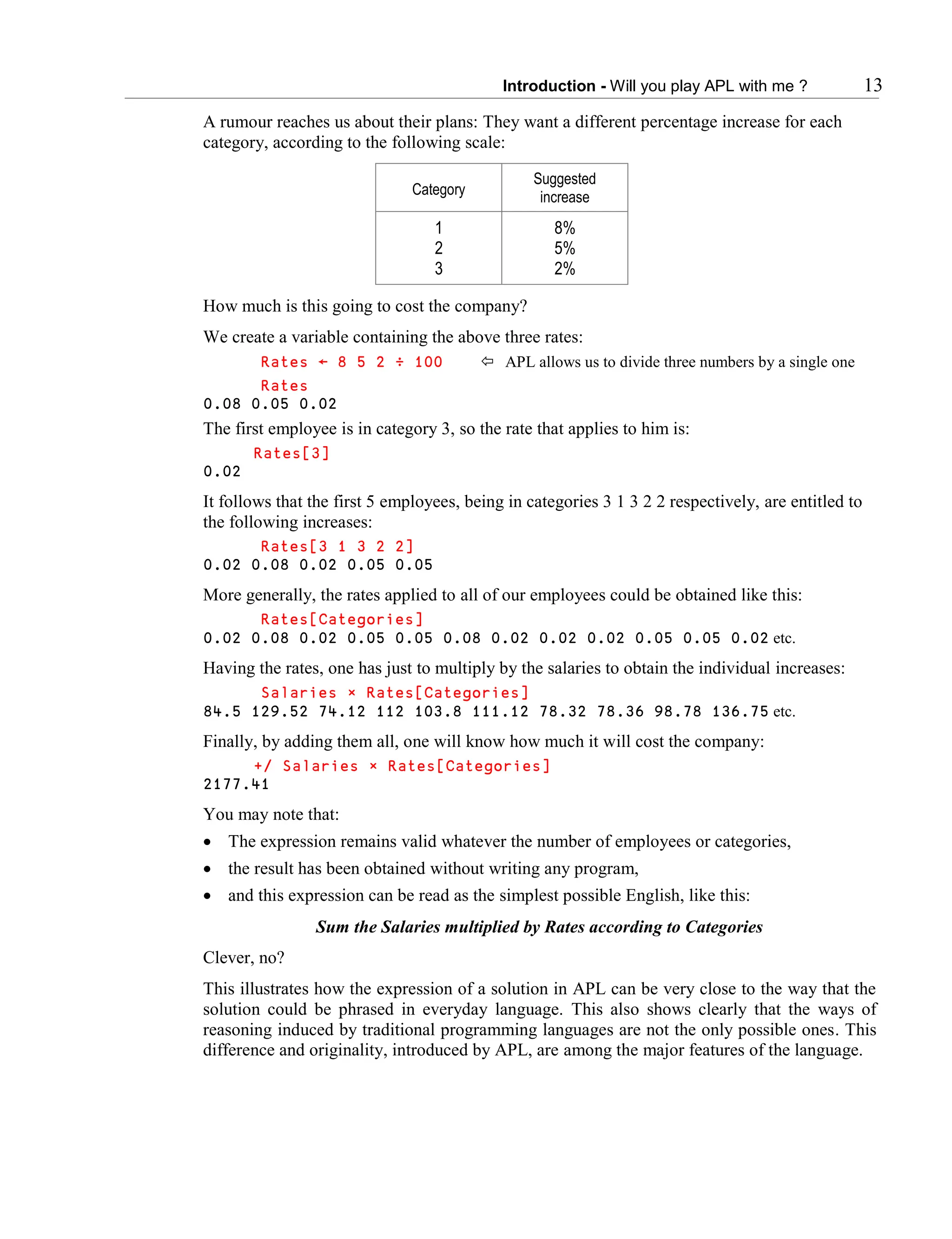 Introduction - Will you play APL with me ? 13
A rumour reaches us about their plans: They want a different percentage increase for each
category, according to the following scale:
Category
Suggested
increase
1
2
3
8%
5%
2%
How much is this going to cost the company?
We create a variable containing the above three rates:
Rates ← 8 5 2 ÷ 100  APL allows us to divide three numbers by a single one
Rates
0.08 0.05 0.02
The first employee is in category 3, so the rate that applies to him is:
Rates[3]
0.02
It follows that the first 5 employees, being in categories 3 1 3 2 2 respectively, are entitled to
the following increases:
Rates[3 1 3 2 2]
0.02 0.08 0.02 0.05 0.05
More generally, the rates applied to all of our employees could be obtained like this:
Rates[Categories]
0.02 0.08 0.02 0.05 0.05 0.08 0.02 0.02 0.02 0.05 0.05 0.02 etc.
Having the rates, one has just to multiply by the salaries to obtain the individual increases:
Salaries × Rates[Categories]
84.5 129.52 74.12 112 103.8 111.12 78.32 78.36 98.78 136.75 etc.
Finally, by adding them all, one will know how much it will cost the company:
+/ Salaries × Rates[Categories]
2177.41
You may note that:
 The expression remains valid whatever the number of employees or categories,
 the result has been obtained without writing any program,
 and this expression can be read as the simplest possible English, like this:
Sum the Salaries multiplied by Rates according to Categories
Clever, no?
This illustrates how the expression of a solution in APL can be very close to the way that the
solution could be phrased in everyday language. This also shows clearly that the ways of
reasoning induced by traditional programming languages are not the only possible ones. This
difference and originality, introduced by APL, are among the major features of the language.
 