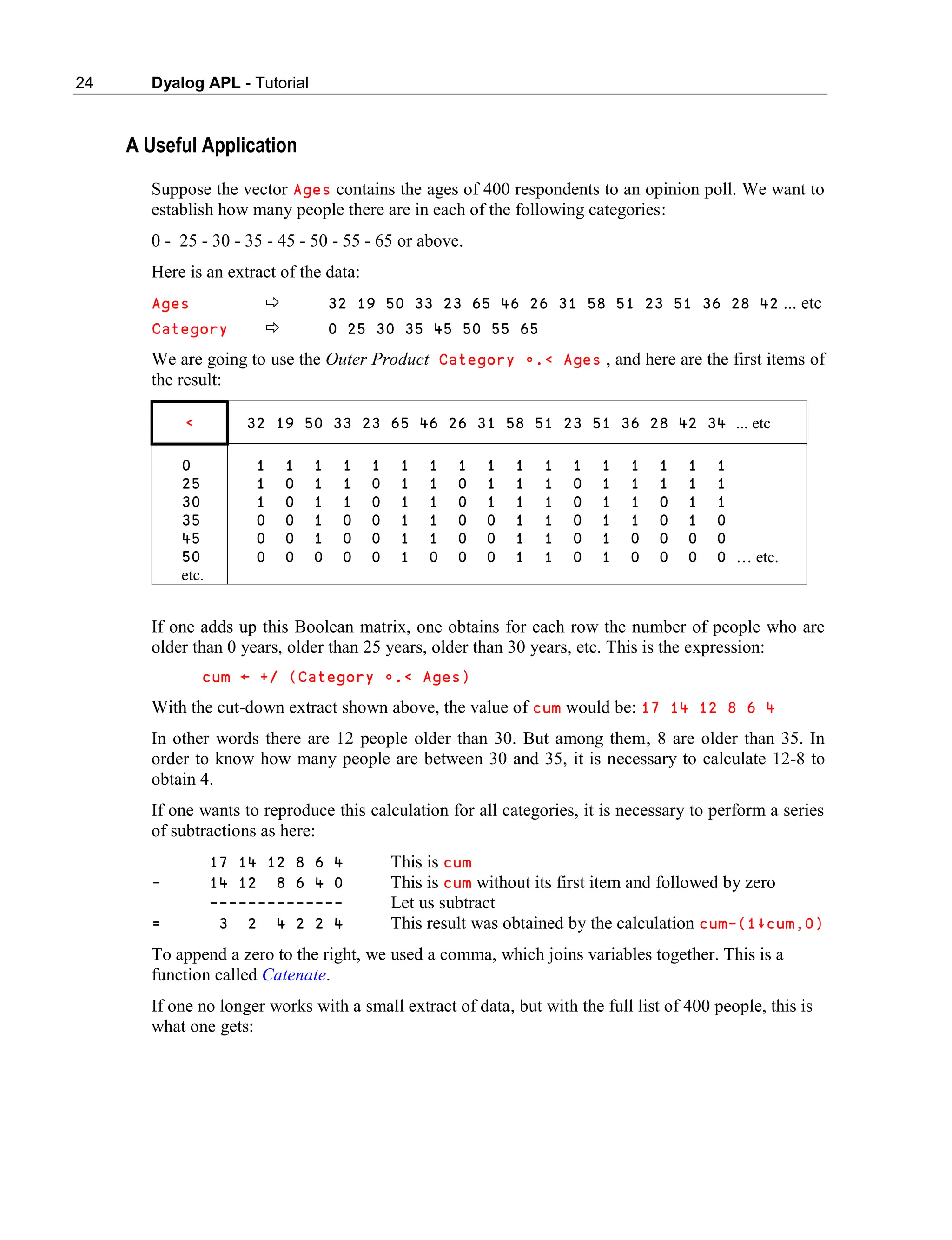 24 Dyalog APL - Tutorial
A Useful Application
Suppose the vector Ages contains the ages of 400 respondents to an opinion poll. We want to
establish how many people there are in each of the following categories:
0 - 25 - 30 - 35 - 45 - 50 - 55 - 65 or above.
Here is an extract of the data:
Ages  32 19 50 33 23 65 46 26 31 58 51 23 51 36 28 42 ... etc
Category  0 25 30 35 45 50 55 65
We are going to use the Outer Product Category ∬.< Ages , and here are the first items of
the result:
< 32 19 50 33 23 65 46 26 31 58 51 23 51 36 28 42 34 ... etc
0
25
30
35
45
50
etc.
1 1 1 1 1 1 1 1 1 1 1 1 1 1 1 1 1
1 0 1 1 0 1 1 0 1 1 1 0 1 1 1 1 1
1 0 1 1 0 1 1 0 1 1 1 0 1 1 0 1 1
0 0 1 0 0 1 1 0 0 1 1 0 1 1 0 1 0
0 0 1 0 0 1 1 0 0 1 1 0 1 0 0 0 0
0 0 0 0 0 1 0 0 0 1 1 0 1 0 0 0 0 … etc.
If one adds up this Boolean matrix, one obtains for each row the number of people who are
older than 0 years, older than 25 years, older than 30 years, etc. This is the expression:
cum ← +/ (Category ∬.< Ages)
With the cut-down extract shown above, the value of cum would be: 17 14 12 8 6 4
In other words there are 12 people older than 30. But among them, 8 are older than 35. In
order to know how many people are between 30 and 35, it is necessary to calculate 12-8 to
obtain 4.
If one wants to reproduce this calculation for all categories, it is necessary to perform a series
of subtractions as here:
17 14 12 8 6 4 This is cum
- 14 12 8 6 4 0 This is cum without its first item and followed by zero
-------------- Let us subtract
= 3 2 4 2 2 4 This result was obtained by the calculation cum-(1∸cum,0)
To append a zero to the right, we used a comma, which joins variables together. This is a
function called Catenate.
If one no longer works with a small extract of data, but with the full list of 400 people, this is
what one gets:
 