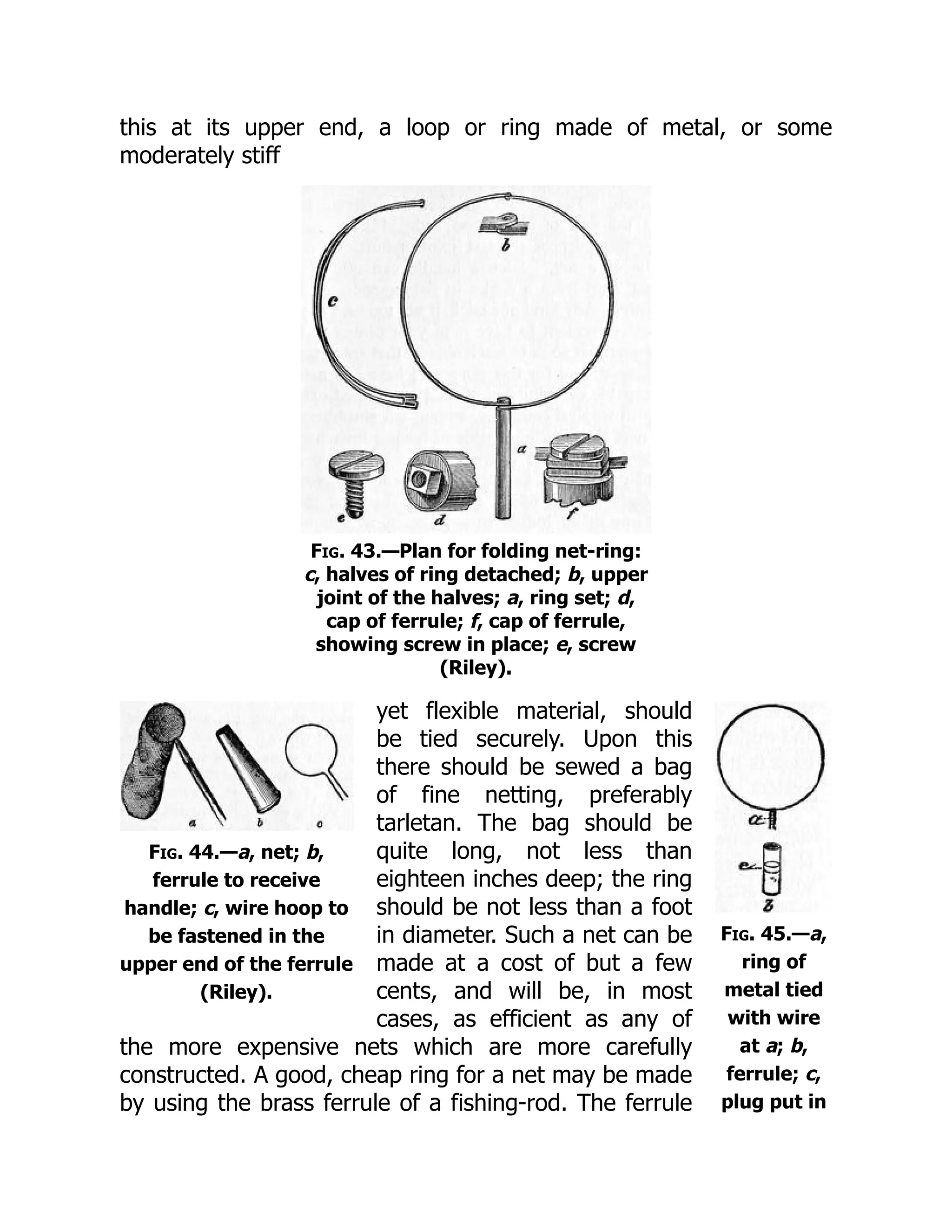 Fig. 44.—a, net; b,
ferrule to receive
handle; c, wire hoop to
be fastened in the
upper end of the ferrule
(Riley).
Fig. 45.—a,
ring of
metal tied
with wire
at a; b,
ferrule; c,
plug put in
this at its upper end, a loop or ring made of metal, or some
moderately stiff
Fig. 43.—Plan for folding net-ring:
c, halves of ring detached; b, upper
joint of the halves; a, ring set; d,
cap of ferrule; f, cap of ferrule,
showing screw in place; e, screw
(Riley).
yet flexible material, should
be tied securely. Upon this
there should be sewed a bag
of fine netting, preferably
tarletan. The bag should be
quite long, not less than
eighteen inches deep; the ring
should be not less than a foot
in diameter. Such a net can be
made at a cost of but a few
cents, and will be, in most
cases, as efficient as any of
the more expensive nets which are more carefully
constructed. A good, cheap ring for a net may be made
by using the brass ferrule of a fishing-rod. The ferrule
 