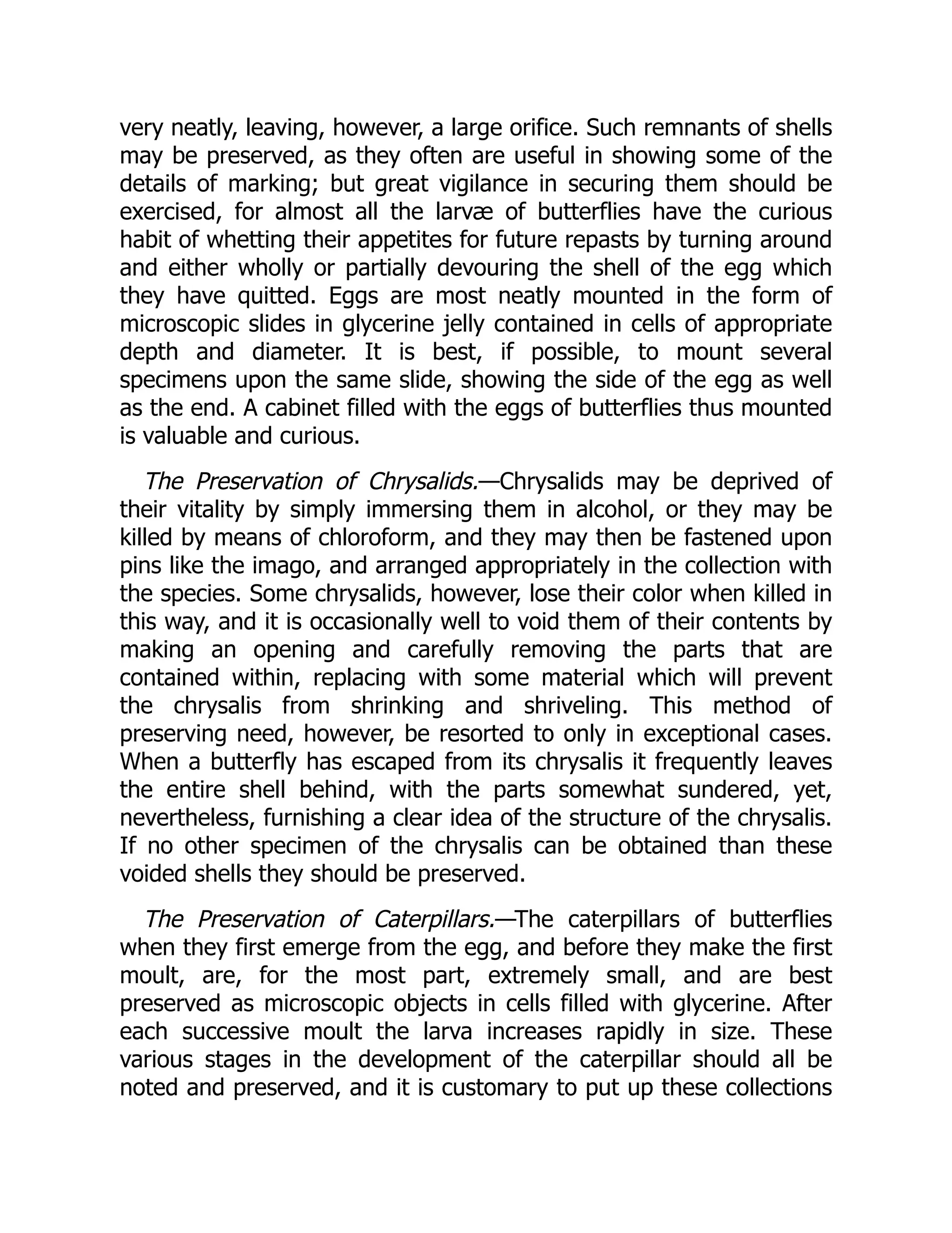 very neatly, leaving, however, a large orifice. Such remnants of shells
may be preserved, as they often are useful in showing some of the
details of marking; but great vigilance in securing them should be
exercised, for almost all the larvæ of butterflies have the curious
habit of whetting their appetites for future repasts by turning around
and either wholly or partially devouring the shell of the egg which
they have quitted. Eggs are most neatly mounted in the form of
microscopic slides in glycerine jelly contained in cells of appropriate
depth and diameter. It is best, if possible, to mount several
specimens upon the same slide, showing the side of the egg as well
as the end. A cabinet filled with the eggs of butterflies thus mounted
is valuable and curious.
The Preservation of Chrysalids.—Chrysalids may be deprived of
their vitality by simply immersing them in alcohol, or they may be
killed by means of chloroform, and they may then be fastened upon
pins like the imago, and arranged appropriately in the collection with
the species. Some chrysalids, however, lose their color when killed in
this way, and it is occasionally well to void them of their contents by
making an opening and carefully removing the parts that are
contained within, replacing with some material which will prevent
the chrysalis from shrinking and shriveling. This method of
preserving need, however, be resorted to only in exceptional cases.
When a butterfly has escaped from its chrysalis it frequently leaves
the entire shell behind, with the parts somewhat sundered, yet,
nevertheless, furnishing a clear idea of the structure of the chrysalis.
If no other specimen of the chrysalis can be obtained than these
voided shells they should be preserved.
The Preservation of Caterpillars.—The caterpillars of butterflies
when they first emerge from the egg, and before they make the first
moult, are, for the most part, extremely small, and are best
preserved as microscopic objects in cells filled with glycerine. After
each successive moult the larva increases rapidly in size. These
various stages in the development of the caterpillar should all be
noted and preserved, and it is customary to put up these collections
 