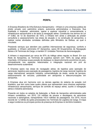 RELATÓRIO DA ADMINISTRAÇÃO 2010
11
PERFIL
A Empresa Brasileira de Infra-Estrutura Aeroportuária – Infraero é uma empresa pública de
direito privado com patrimônio próprio, autonomia administrativa e financeira. Sua
finalidade é implantar, administrar, operar e explorar industrial e comercialmente a
infraestrutura aeroportuária e de apoio à navegação aérea. Constituída nos termos da Lei
no
5.862, de 12 de dezembro de 1972, a Infraero tem ainda a atribuição de prestar
consultoria e assessoramento nas áreas de atuação e na construção de aeroportos, e
realizar outras atividades correlatas definidas pelo Ministério da Defesa, ao qual é
vinculada.
Prestando serviços que atendem aos padrões internacionais de segurança, conforto e
qualidade, a Infraero administra 67 Aeroportos, opera 69 Grupamentos de Navegação
Aérea e 34 Terminais de Carga, e mantém 51 Unidades Técnicas de Aeronavegação.
A Infraero é responsável por cerca de 97% do tráfego aéreo regular no Brasil. Em sua
Rede de Aeroportos, os Terminais de Logística operam com 100% da carga aérea
importada. A Empresa ocupa posição de destaque no desenvolvimento econômico do país,
principalmente nos aspectos relacionados à integração nacional em prol do
desenvolvimento sustentável.
A Empresa opera nas áreas de navegação aérea; de logística para operação de
aeronaves; logística para operação de passageiros; logística de carga nacional; logística de
carga internacional; aeroporto indústria; comercialização de áreas; venda de serviços;
estacionamento de veículos; publicidade em aeroportos e telecomunicações em
aeroportos.
A Empresa atua em harmonia com os demais agentes do sistema de aviação civil
brasileiro, que tem como base quatro pilares que representam seus diversos segmentos:
infraestrutura aeroportuária, serviços de controle do espaço aéreo, auxílio à navegação
aérea e indústria aeronáutica.
Presente em todos os estados da federação, a Rede de Aeroportos administrados pela
Infraero contabilizou, em 2010, 2,6 milhões de pousos e decolagens de aeronaves
nacionais e estrangeiras, transportando 155,4 milhões de passageiros. Em 2010, houve
recorde de 1,2 bilhão de quilos processados nos Terminais de Logística de Carga. O mapa
a seguir evidencia os principais pontos de presença da Empresa no território brasileiro.
 