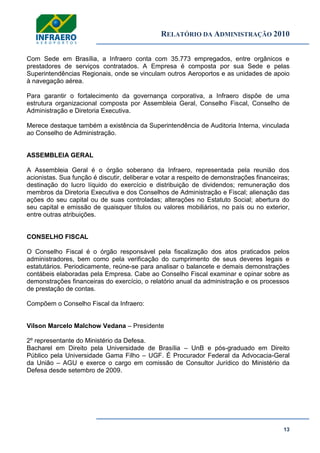 RELATÓRIO DA ADMINISTRAÇÃO 2010
13
Com Sede em Brasília, a Infraero conta com 35.773 empregados, entre orgânicos e
prestadores de serviços contratados. A Empresa é composta por sua Sede e pelas
Superintendências Regionais, onde se vinculam outros Aeroportos e as unidades de apoio
à navegação aérea.
Para garantir o fortalecimento da governança corporativa, a Infraero dispõe de uma
estrutura organizacional composta por Assembleia Geral, Conselho Fiscal, Conselho de
Administração e Diretoria Executiva.
Merece destaque também a existência da Superintendência de Auditoria Interna, vinculada
ao Conselho de Administração.
ASSEMBLEIA GERAL
A Assembleia Geral é o órgão soberano da Infraero, representada pela reunião dos
acionistas. Sua função é discutir, deliberar e votar a respeito de demonstrações financeiras;
destinação do lucro líquido do exercício e distribuição de dividendos; remuneração dos
membros da Diretoria Executiva e dos Conselhos de Administração e Fiscal; alienação das
ações do seu capital ou de suas controladas; alterações no Estatuto Social; abertura do
seu capital e emissão de quaisquer títulos ou valores mobiliários, no país ou no exterior,
entre outras atribuições.
CONSELHO FISCAL
O Conselho Fiscal é o órgão responsável pela fiscalização dos atos praticados pelos
administradores, bem como pela verificação do cumprimento de seus deveres legais e
estatutários. Periodicamente, reúne-se para analisar o balancete e demais demonstrações
contábeis elaboradas pela Empresa. Cabe ao Conselho Fiscal examinar e opinar sobre as
demonstrações financeiras do exercício, o relatório anual da administração e os processos
de prestação de contas.
Compõem o Conselho Fiscal da Infraero:
Vilson Marcelo Malchow Vedana – Presidente
2º representante do Ministério da Defesa.
Bacharel em Direito pela Universidade de Brasília – UnB e pós-graduado em Direito
Público pela Universidade Gama Filho – UGF. É Procurador Federal da Advocacia-Geral
da União – AGU e exerce o cargo em comissão de Consultor Jurídico do Ministério da
Defesa desde setembro de 2009.
 