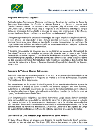RELATÓRIO DA ADMINISTRAÇÃO 2010
30
Programa de Eficiência Logística
Foi implantado o Programa de Eficiência Logística nos Terminais de Logística de Carga do
Aeroporto Internacional de Curitiba – Afonso Pena e do Aeroporto Internacional
Confins/Tancredo Neves. Já implantado em Campinas (SP), Guarulhos (SP), Manaus
(AM), Galeão (RJ) e Porto Alegre (RS), o Programa é uma ferramenta estratégica, porque
agiliza os processos de importação e minimiza os custos dos importadores e da Infraero,
apresentando resultados positivos que se refletem em toda cadeia logística.
O Programa permite que o processo de liberação de cargas importadas seja transparente,
o que oferece ao importador e aos demais agentes envolvidos a possibilidade de
acompanhamento de cada etapa em tramitação e avaliar oportunidades de melhorias. As
organizações que refletem as melhores práticas e que servem de modelo para os demais
importadores são reconhecidas e premiadas.
A Infraero homenageou as empresas que se destacaram no Aeroporto Internacional de
Campinas/Viracopos nos variados segmentos de atuação, com a entrega do Prêmio
Infraero de Eficiência Logística. Com base no Ranking de Eficiência Logística, divulgado
mensalmente pela Empresa, o prêmio foi distribuído a empresas de várias categorias como
as dos setores: automotivo; farmacêutico; metal mecânico; tecnologia e beneficiárias dos
regimes da Linha Azul e Recof – Regime Aduaneiro Especial de Liberação de Cargas,
entre outras.
Programa de Visitas a Clientes Estratégicos
Atenta às diretrizes do Plano Empresarial 2010-2014, a Superintendência de Logística de
Carga da Infraero implantou o Programa de Visitas a Clientes Estratégicos, segmento
―Remoção para Zona Secundária‖.
Em parceria com as Superintendências Regionais, foram identificados clientes a partir de
levantamentos e análise de dados extraídos do Sistema Tecaplus, em nível nacional,
subsidiando a elaboração e aprovação do cronograma de visitas realizadas, com o objetivo
de estreitar relacionamentos e, principalmente, estabelecer relações de confiança entre as
operações dos clientes na Rede Teca.
Com a implantação do Programa, o gestor do Terminal de Carga passa a ser um facilitador
para os importadores e exportadores, apontando caminhos e alternativas para a redução
de custos e segurança de seus processos. Ainda como parte da iniciativa, novos clientes
são captados, fomentando a atividade e aumentando as atividades operacionais nos Tecas
com resultados no incremento das receitas. A Gerência Comercial e de Logística de Carga
da Superintendência Regional do Nordeste elaborou o primeiro cronograma de visitas.
Lançamento do Guia Infraero Cargo na Intermodal South America
O Guia Infraero Cargo foi lançado pela Infraero no evento Intermodal South America,
realizado no mês de abril, em São Paulo (SP). Com o lançamento do guia, a Empresa
 