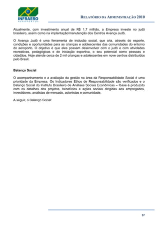 RELATÓRIO DA ADMINISTRAÇÃO 2010
57
Atualmente, com investimento anual de R$ 1,7 milhão, a Empresa investe no judô
brasileiro, assim como na implantação/manutenção dos Centros Avança Judô.
O Avança Judô é uma ferramenta de inclusão social, que cria, através do esporte,
condições e oportunidades para as crianças e adolescentes das comunidades do entorno
do aeroporto. O objetivo é que eles possam desenvolver com o judô e com atividades
recreativas, pedagógicas e de iniciação esportiva, o seu potencial como pessoas e
cidadãos. Hoje atende cerca de 2 mil crianças e adolescentes em nove centros distribuídos
pelo Brasil.
Balanço Social
O acompanhamento e a avaliação da gestão na área da Responsabilidade Social é uma
prioridade da Empresa. Os Indicadores Ethos de Responsabilidade são verificados e o
Balanço Social do Instituto Brasileiro de Análises Sociais Econômicas – Ibase é produzido
com os detalhes dos projetos, benefícios e ações sociais dirigidas aos empregados,
investidores, analistas de mercado, acionistas e comunidade.
A seguir, o Balanço Social:
 