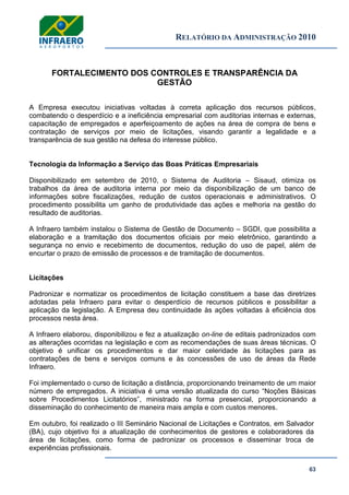 RELATÓRIO DA ADMINISTRAÇÃO 2010
63
FORTALECIMENTO DOS CONTROLES E TRANSPARÊNCIA DA
GESTÃO
A Empresa executou iniciativas voltadas à correta aplicação dos recursos públicos,
combatendo o desperdício e a ineficiência empresarial com auditorias internas e externas,
capacitação de empregados e aperfeiçoamento de ações na área de compra de bens e
contratação de serviços por meio de licitações, visando garantir a legalidade e a
transparência de sua gestão na defesa do interesse público.
Tecnologia da Informação a Serviço das Boas Práticas Empresariais
Disponibilizado em setembro de 2010, o Sistema de Auditoria – Sisaud, otimiza os
trabalhos da área de auditoria interna por meio da disponibilização de um banco de
informações sobre fiscalizações, redução de custos operacionais e administrativos. O
procedimento possibilita um ganho de produtividade das ações e melhoria na gestão do
resultado de auditorias.
A Infraero também instalou o Sistema de Gestão de Documento – SGDI, que possibilita a
elaboração e a tramitação dos documentos oficiais por meio eletrônico, garantindo a
segurança no envio e recebimento de documentos, redução do uso de papel, além de
encurtar o prazo de emissão de processos e de tramitação de documentos.
Licitações
Padronizar e normatizar os procedimentos de licitação constituem a base das diretrizes
adotadas pela Infraero para evitar o desperdício de recursos públicos e possibilitar a
aplicação da legislação. A Empresa deu continuidade às ações voltadas à eficiência dos
processos nesta área.
A Infraero elaborou, disponibilizou e fez a atualização on-line de editais padronizados com
as alterações ocorridas na legislação e com as recomendações de suas áreas técnicas. O
objetivo é unificar os procedimentos e dar maior celeridade às licitações para as
contratações de bens e serviços comuns e às concessões de uso de áreas da Rede
Infraero.
Foi implementado o curso de licitação a distância, proporcionando treinamento de um maior
número de empregados. A iniciativa é uma versão atualizada do curso ―Noções Básicas
sobre Procedimentos Licitatórios‖, ministrado na forma presencial, proporcionando a
disseminação do conhecimento de maneira mais ampla e com custos menores.
Em outubro, foi realizado o III Seminário Nacional de Licitações e Contratos, em Salvador
(BA), cujo objetivo foi a atualização de conhecimentos de gestores e colaboradores da
área de licitações, como forma de padronizar os processos e disseminar troca de
experiências profissionais.
 