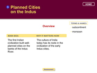 HOME
3   Planned Cities
    on the Indus

                                                        TERMS & NAMES
                                Overview                • subcontinent
                                                        • monsoon
MAIN IDEA                  WHY IT MATTERS NOW

The first Indian           The culture of India
civilization built well-   today has its roots in the
planned cities on the      civilization of the early
banks of the Indus         Indus cities.
River.




                                  Assessment
 