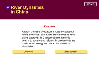 HOME
4   River Dynasties
    in China


                             Key Idea
         Ancient Chinese civilization is ruled by powerful
         family dynasties. Just rulers are believed to have
         divine approval. In Chinese culture, family is
         central to society and religion. Improvements are
         made in technology and trade. Feudalism is
         established.

          Overview                              Assessment
 