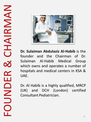 FOUNDER&CHAIRMAN
Dr. Sulaiman Abdulaziz Al-Habib is the
founder and the Chairman of Dr.
Sulaiman Al-Habib Medical Group
which owns and operates a number of
hospitals and medical centers in KSA &
UAE.
Dr. Al Habib is a highly qualified, MRCP
(UK) and DCH (London) certified
Consultant Pediatrician.
12
 