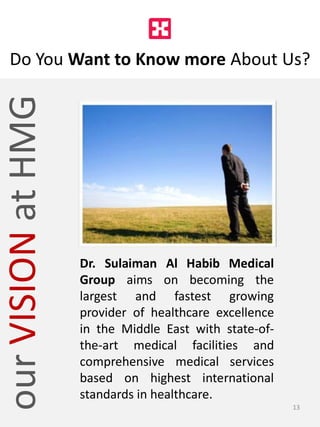 ourVISIONatHMG
Do You Want to Know more About Us?
Dr. Sulaiman Al Habib Medical
Group aims on becoming the
largest and fastest growing
provider of healthcare excellence
in the Middle East with state-of-
the-art medical facilities and
comprehensive medical services
based on highest international
standards in healthcare.
13
 