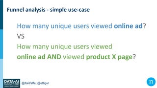 @ItaiYaffe, @ettigur
Funnel analysis - simple use-case
How many unique users viewed online ad?
VS
How many unique users vi...