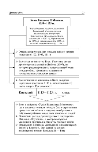 Êèåâñêèé 1113—1125 ãã. êíÿçü
Äðåâíÿÿ Ðóñü 23
Êíÿçü Âëàäèìèð II Ìîíîìàõ
1053—1125 ãã.
Âíóê ßðîñëàâà Ìóäðîãî, ñûí êíÿçÿ
Âñåâîëîäà I è Ìàðèè, äî÷åðè
âèçàíòèéñêîãî èìïåðàòîðà
Êîíñòàíòèíà IX Ìîíîìàõà. Êíÿçü
cìîëåíñêèé (ñ 1067 ã.), ÷åðíèãîâñêèé
(ñ 1078 ã.), ïåðåÿñëàâñêèé (ñ 1093 ã.),
âåëèêèé êèåâñêèé êíÿçü (ñ 1113 ã.)
Ø Îðãàíèçàòîð óñïåøíûõ ïîõîäîâ êíÿçåé ïðîòèâ
ïîëîâöåâ (1103, 1109, 1111)
Ø Âûñòóïàë çà åäèíñòâî Ðóñè. Ó÷àñòíèê ñúåçäà
äðåâíåðóññêèõ êíÿçåé â Ëþáå÷å (1097), íà
êîòîðîì ðàññìàòðèâàëèñü âîïðîñû ïàãóáíîñòè
ìåæäîóñîáèö, ïðèíöèïû âëàäåíèÿ è
íàñëåäîâàíèÿ êíÿæåñêèõ çåìåëü
Ø Áûë ïðèçâàí íà êíÿæåíèå â Êèåâ âî âðåìÿ
íàðîäíîãî âîññòàíèÿ 1113 ã., ïîñëåäîâàâøåãî
ïîñëå ñìåðòè Ñâÿòîïîëêà II
Ø Ââåë â äåéñòâèå «Óñòàâ Âëàäèìèðà Ìîíîìàõà»,
ãäå â çàêîíîäàòåëüíîì ïîðÿäêå áûëè îãðàíè÷åíû
ïðîöåíòû ïî çàéìàì è çàïðåùåíî îáðàùàòü â
ðàáñòâî îòðàáàòûâàþùèõ äîëã çàâèñèìûõ ëþäåé
Ø Îñòàíîâèë ðàñïàä Äðåâíåðóññêîãî ãîñóäàðñòâà.
Íàïèñàë «Ïîó÷åíèå», â êîòîðîì îñóæäàë
óñîáèöû è ïðèçûâàë ê åäèíñòâó ðóññêîé çåìëè
Ø Ïðîäîëæèë ïîëèòèêó óêðåïëåíèÿ äèíàñòè÷åñêèõ
ñâÿçåé ñ Åâðîïîé. Áûë æåíàò íà äî÷åðè
àíãëèéñêîãî êîðîëÿ Ãàðîëüäà II — Ãèòå
 